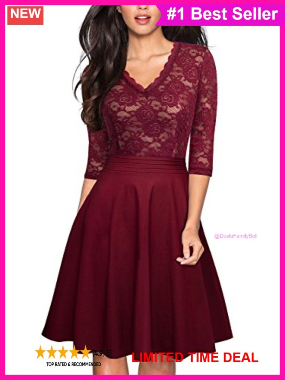 Women's V-Neck Lace Patchwork A-Line Party Dress 3/4 Sleeve Knee Length